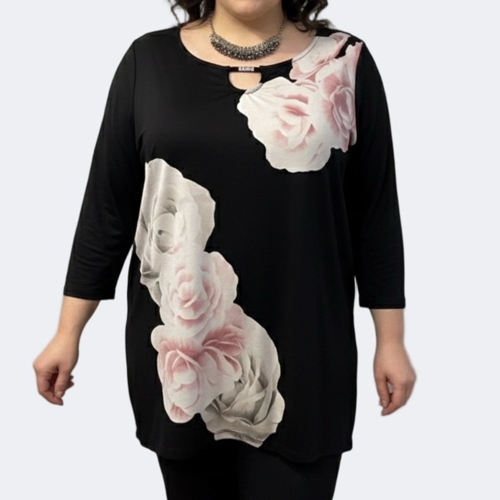 George Black Floral 3/4 Sleeve Top Crystal Accent 1X